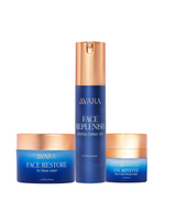 Avara skincare product set including Face Replenish, Face Restore, and Eye Revive on a white background
